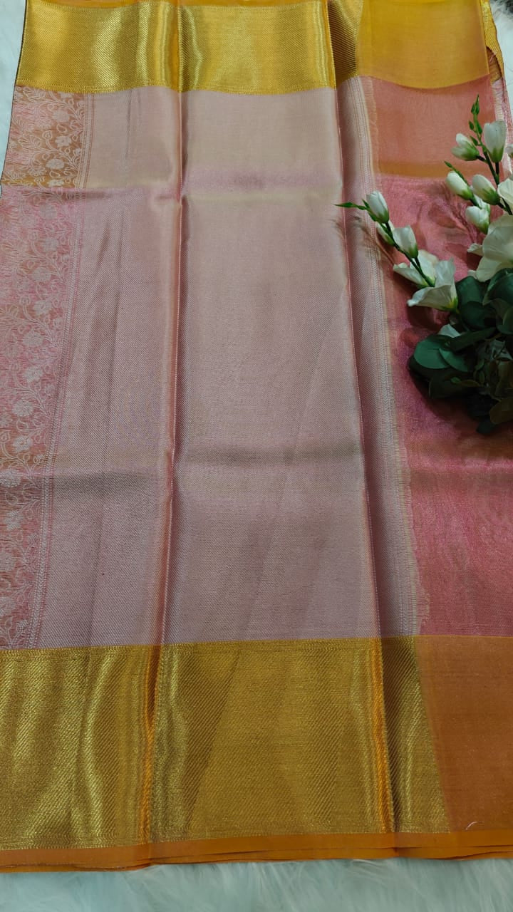 Metallic Pink - Semi Kanjipuram Glass Tissue Saree With Chikankari Pattern Zari Weaving