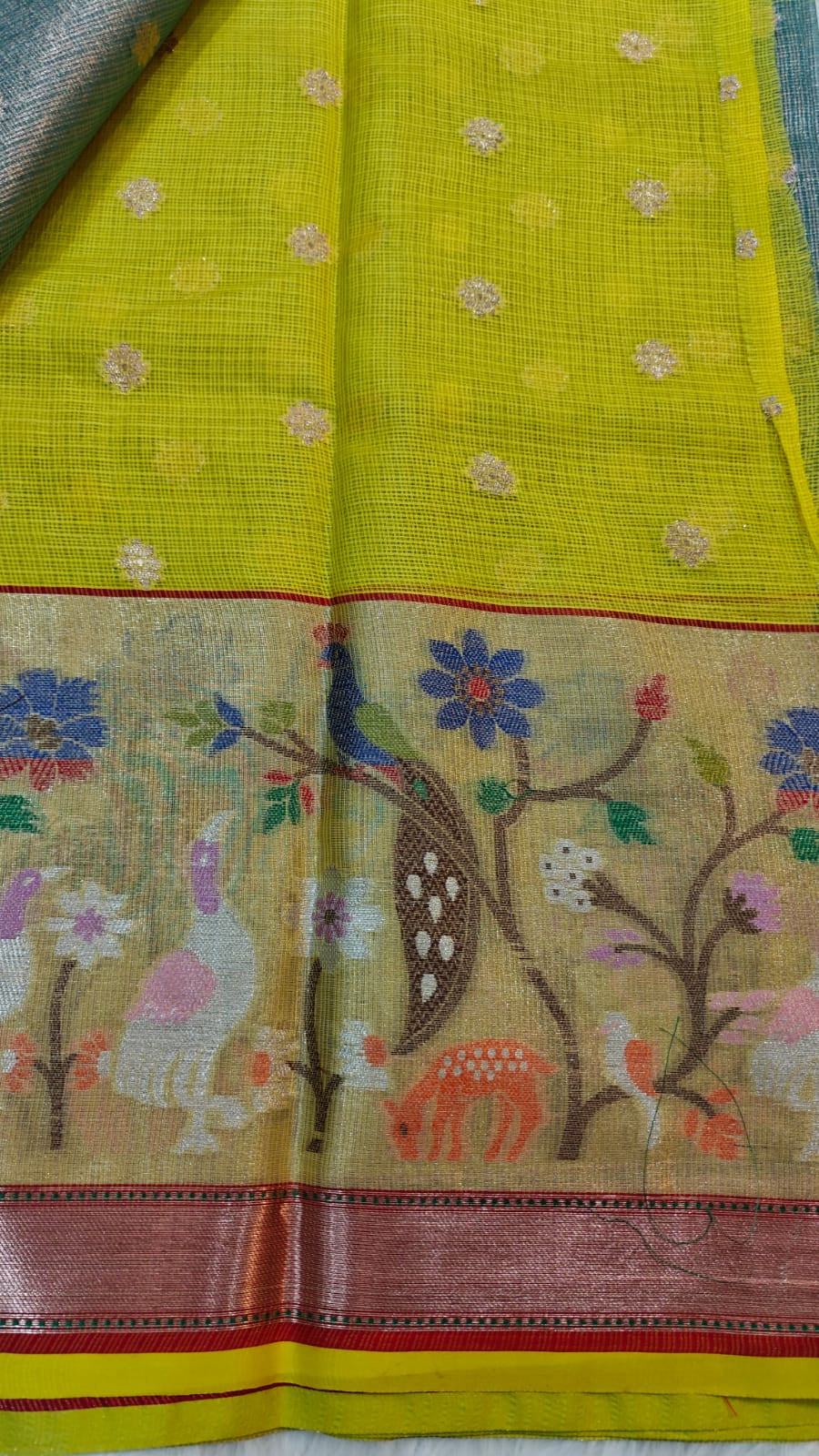 Elegant Style Kota Tissue Paithani Saree Deep Turquise & Fluorescent Yellow With Big Border