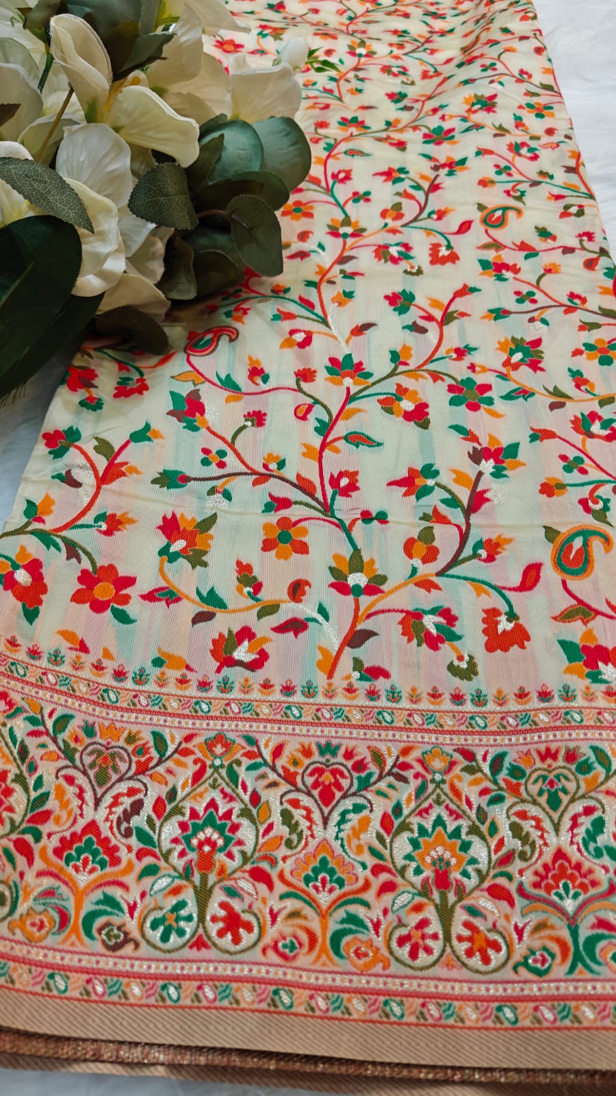 Off White Soft Pashmina Silk Saree With Orange, Green & Red Woven Design