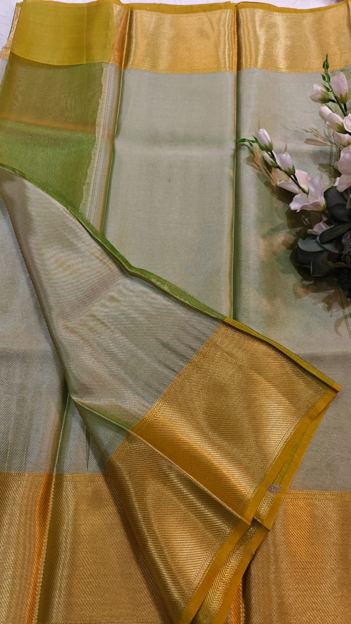 Metallic Green - Semi Kanjipuram Glass Tissue Saree With Chikankari Pattern Zari Weaving