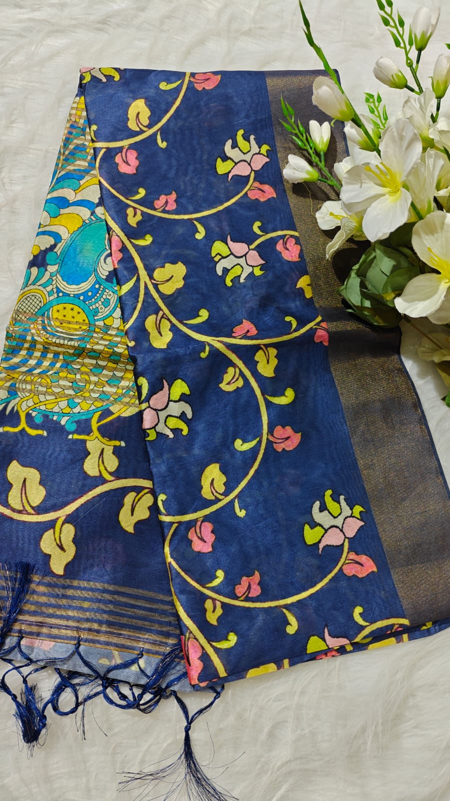 Kosa Semi Silk Deep Blue Saree With Digital Printed