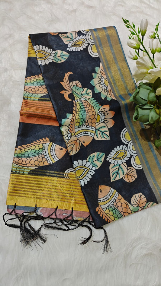 Kosa Semi Silk Saree With Grey Kalamkari Digital Printed