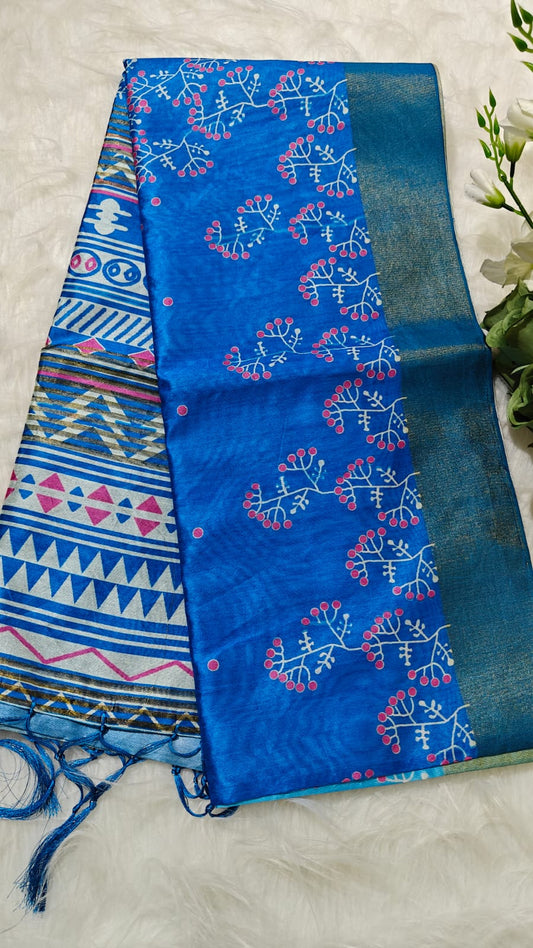 Kosa Semi Silk Saree Dual Blue Shade With Flower Digital Printed