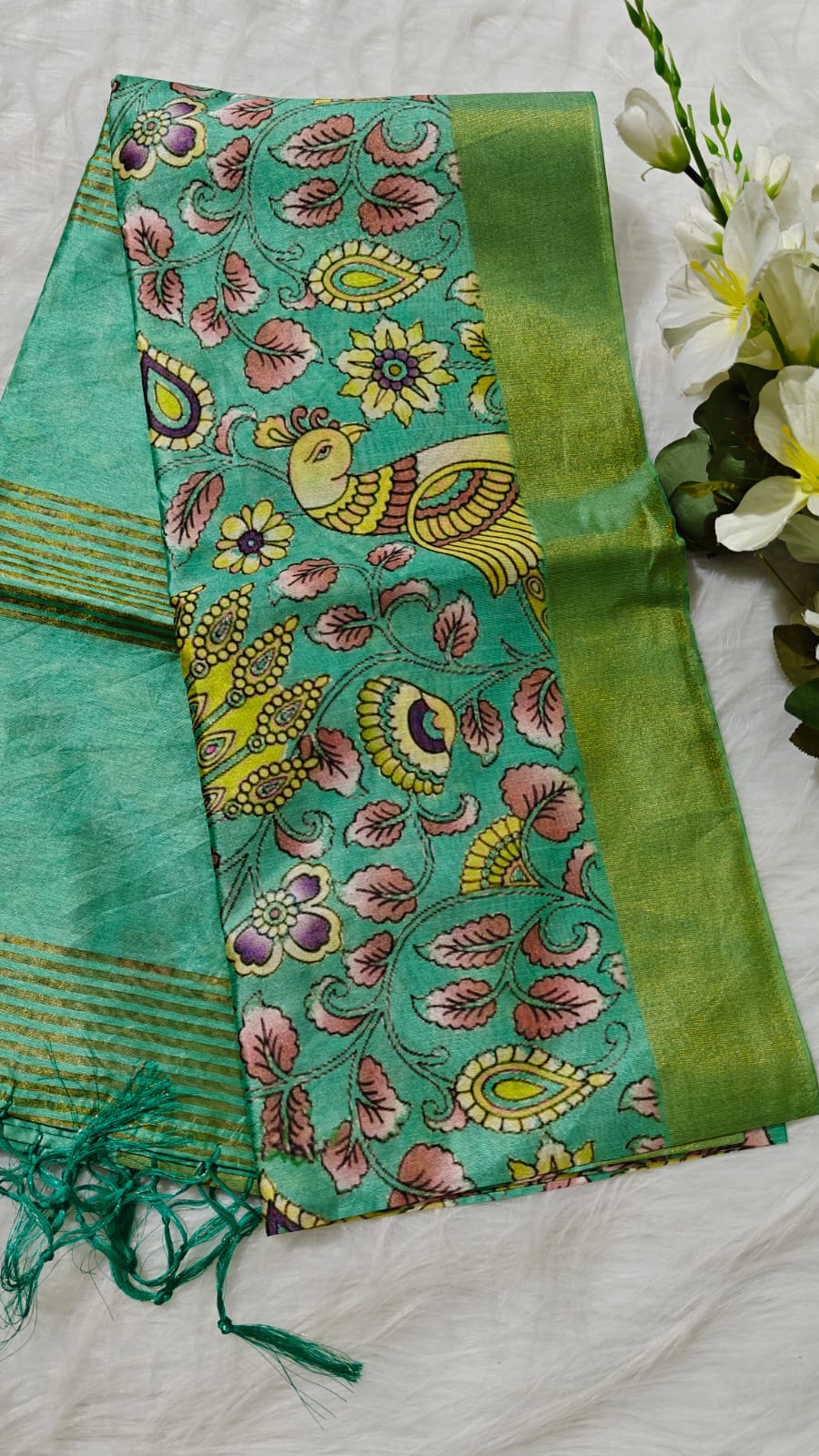 Kosa Semi Silk Fern Green Saree With Digital Printing