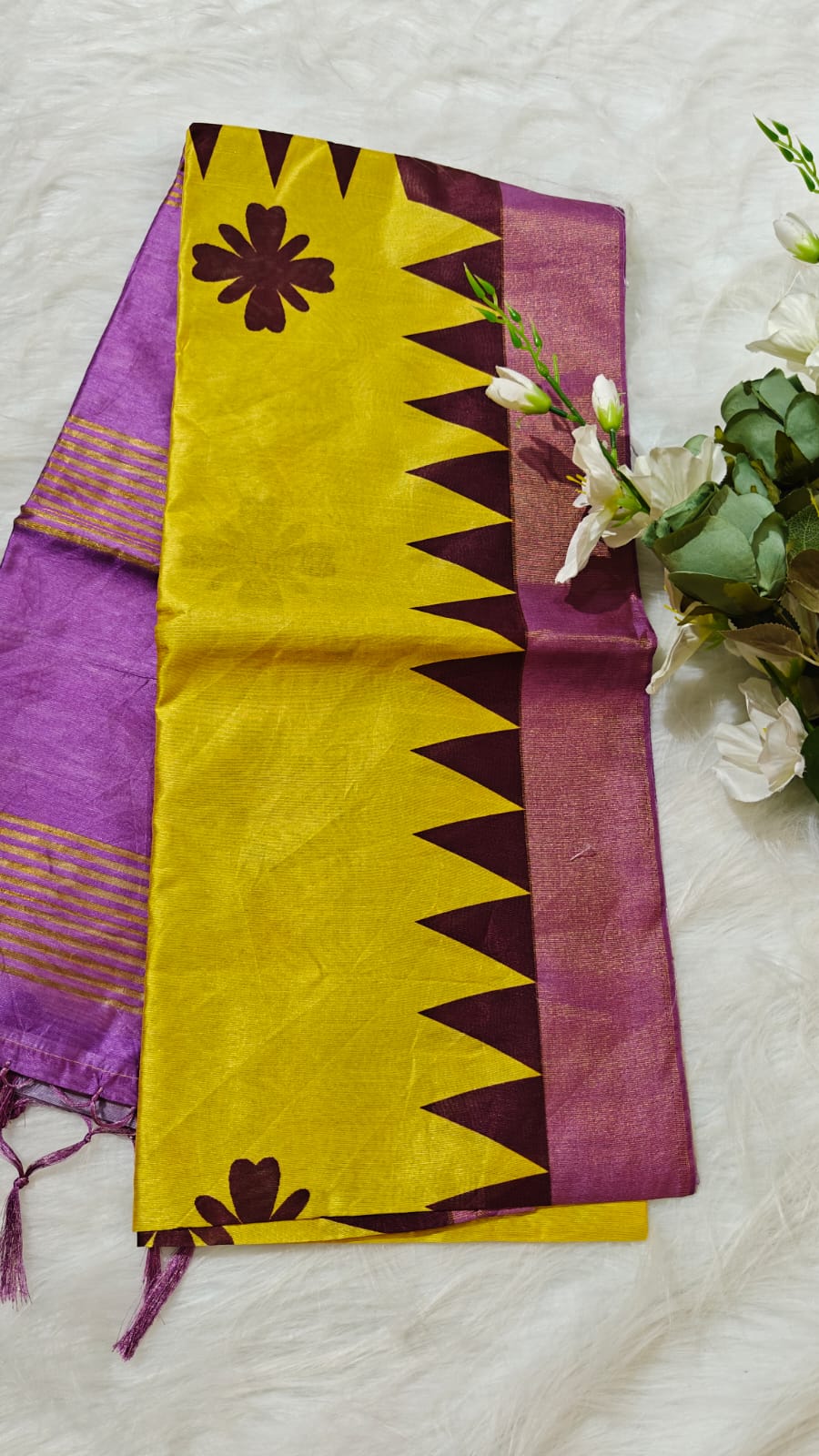 Vintage Style Printed Kosa Semi Silk Saree Yellow & Purple
