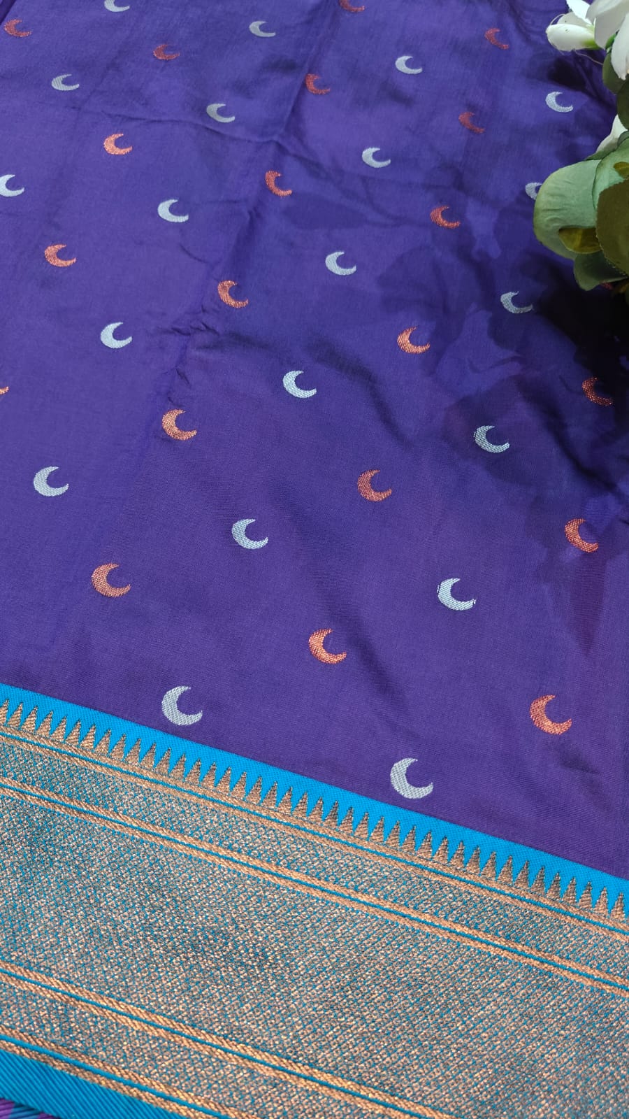 Semi Soft Silk Copper Zari Weaving Paithani Purple & Peacock Green