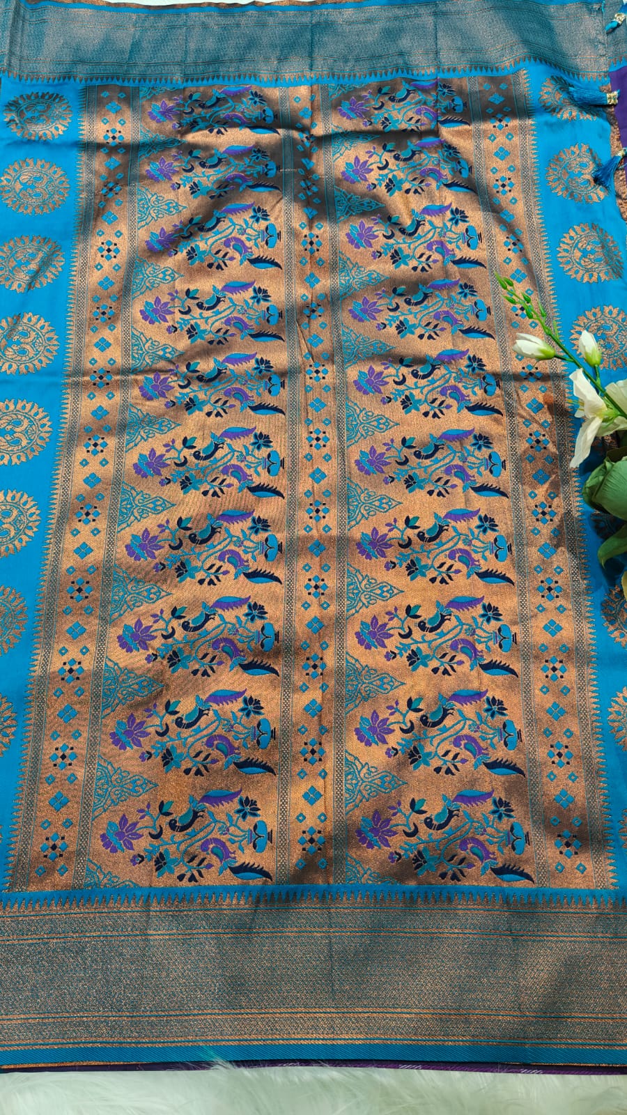 Semi Soft Silk Copper Zari Weaving Paithani Purple & Peacock Green