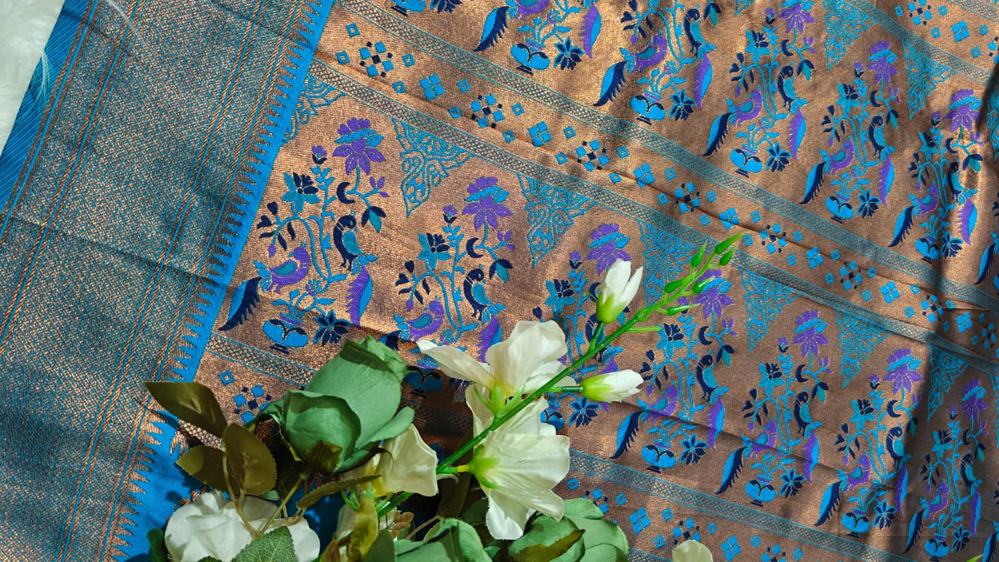 Semi Soft Silk Copper Zari Weaving Paithani Purple & Peacock Green