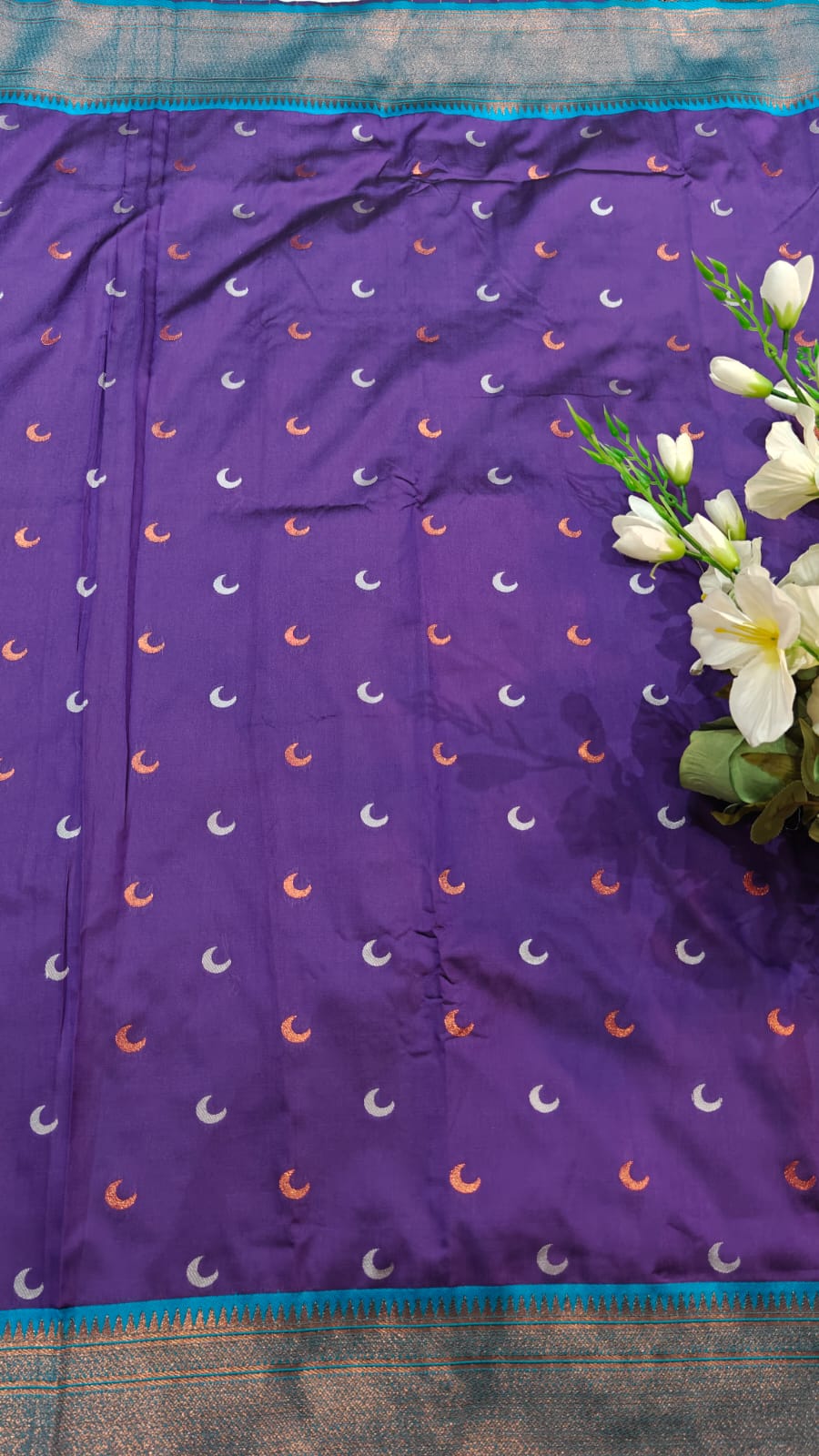 Semi Soft Silk Copper Zari Weaving Paithani Purple & Peacock Green