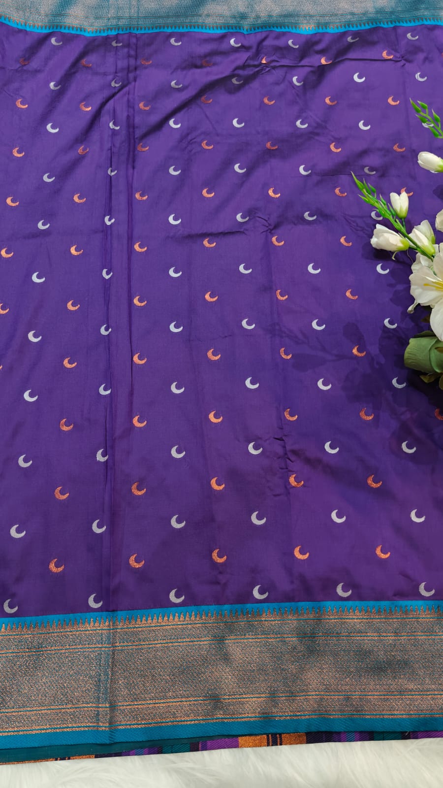 Semi Soft Silk Copper Zari Weaving Paithani Purple & Peacock Green