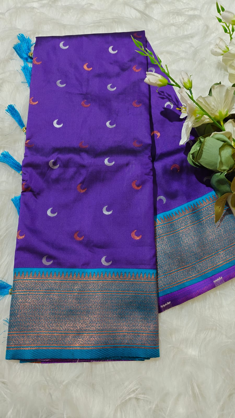 Semi Soft Silk Copper Zari Weaving Paithani Purple & Peacock Green