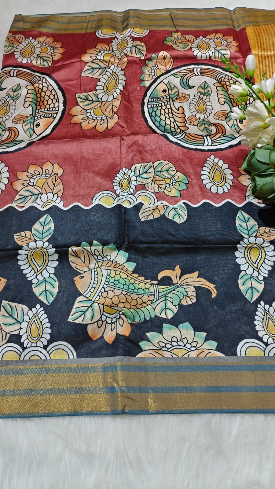 Kosa Semi Silk Saree With Grey Kalamkari Digital Printed
