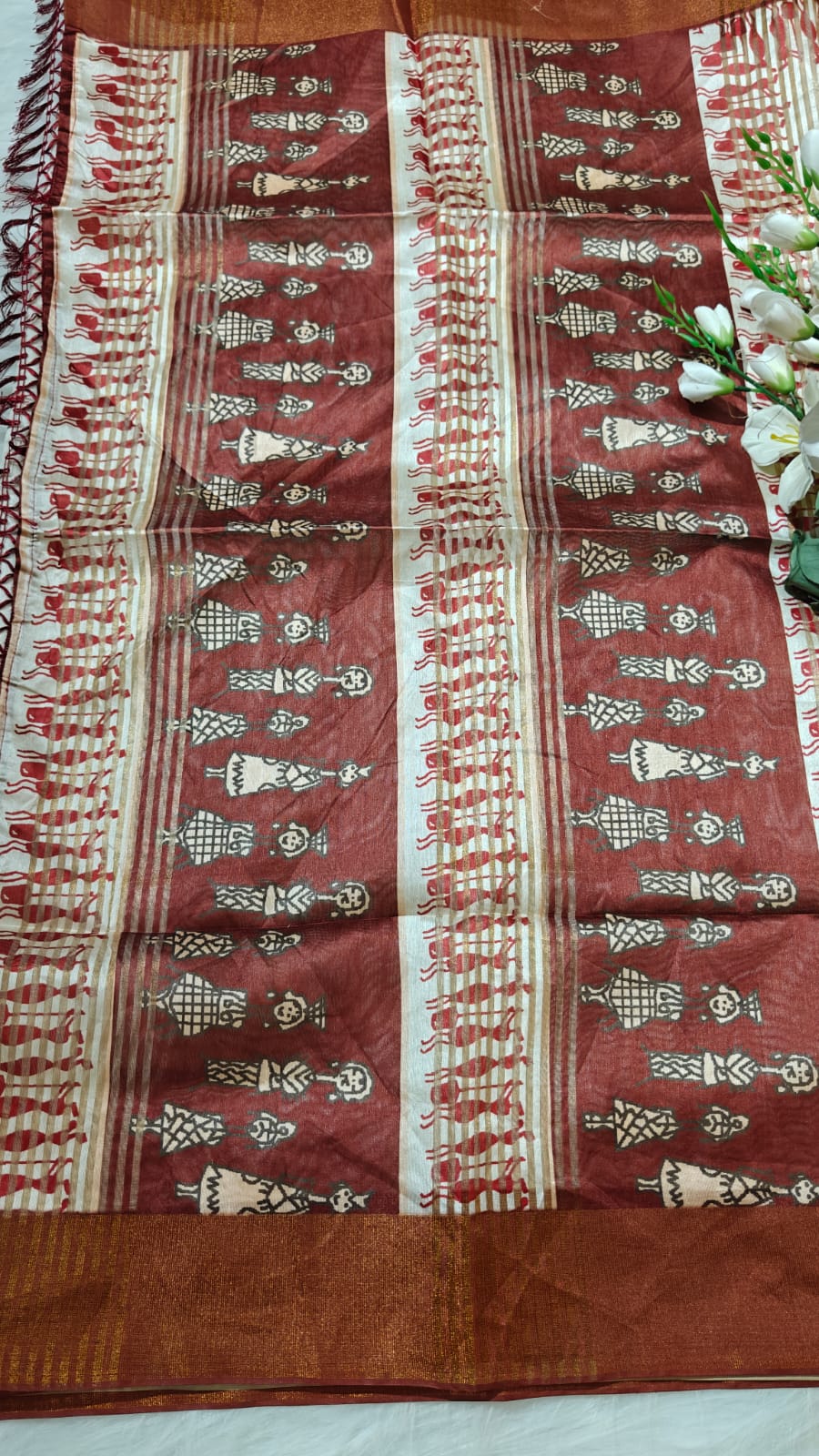Kosa Semi Silk Saree Off White And Maroon With Madhubhani Digital