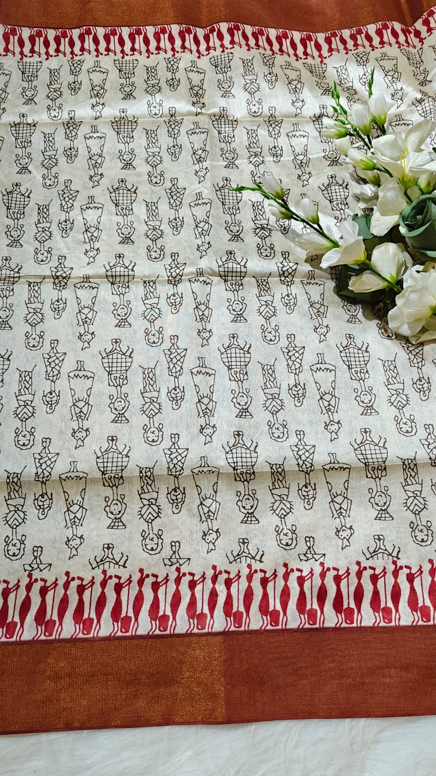 Kosa Semi Silk Saree Off White And Maroon With Madhubhani Digital