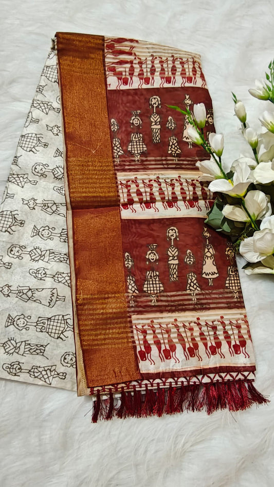 Kosa Semi Silk Saree Off White And Maroon With Madhubhani Digital