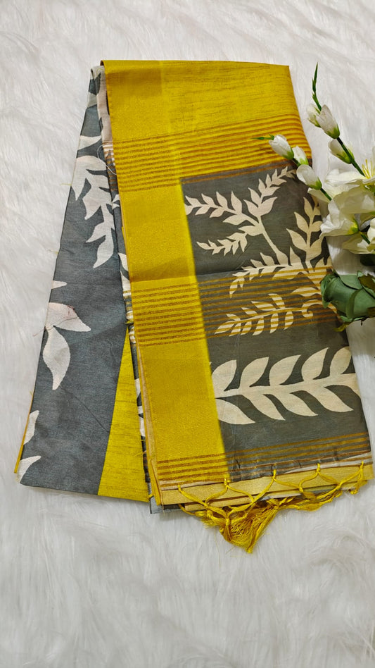 Kosa Semi Silk Saree Green Yellow & Grey Half & Half Pattern