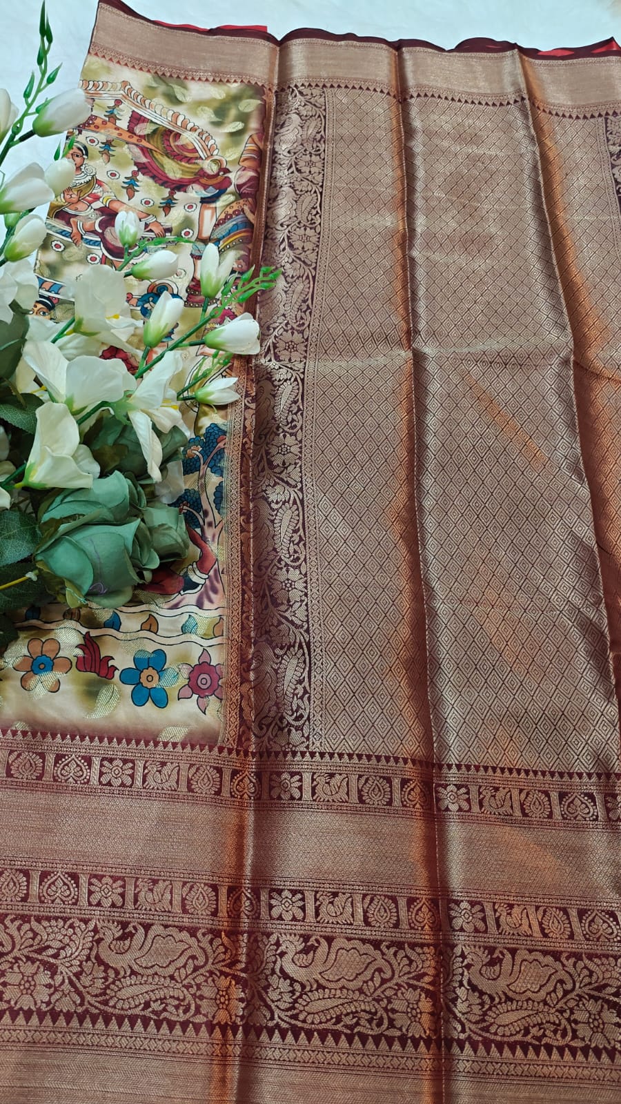 Beige & Maroon Kanchi Border With All Over Body Kalamkari Printed Banarasi Saree