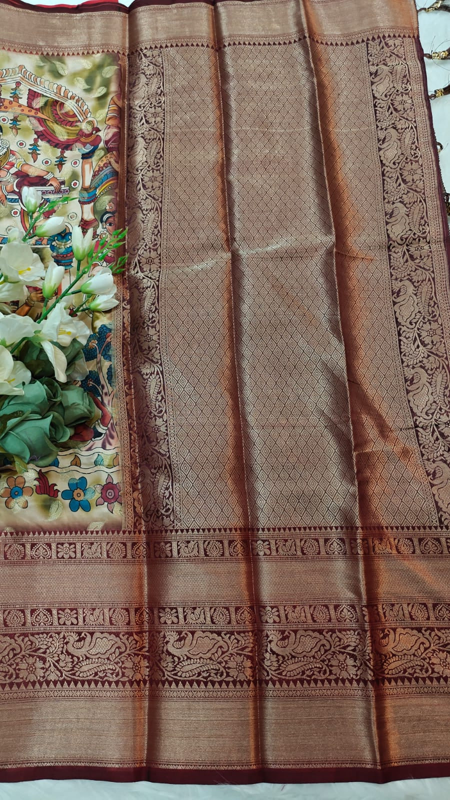 Beige & Maroon Kanchi Border With All Over Body Kalamkari Printed Banarasi Saree