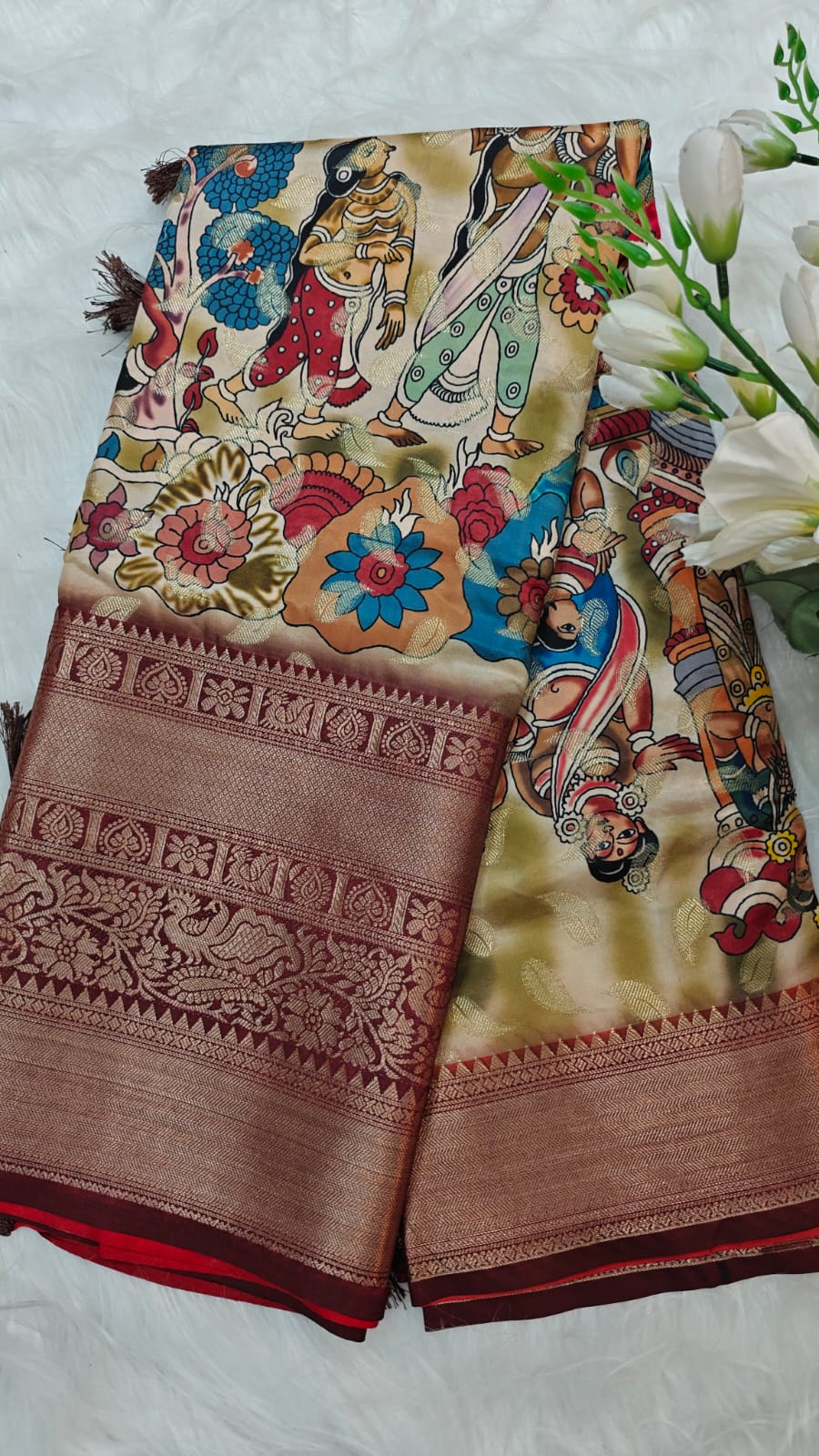 Beige & Maroon Kanchi Border With All Over Body Kalamkari Printed Banarasi Saree
