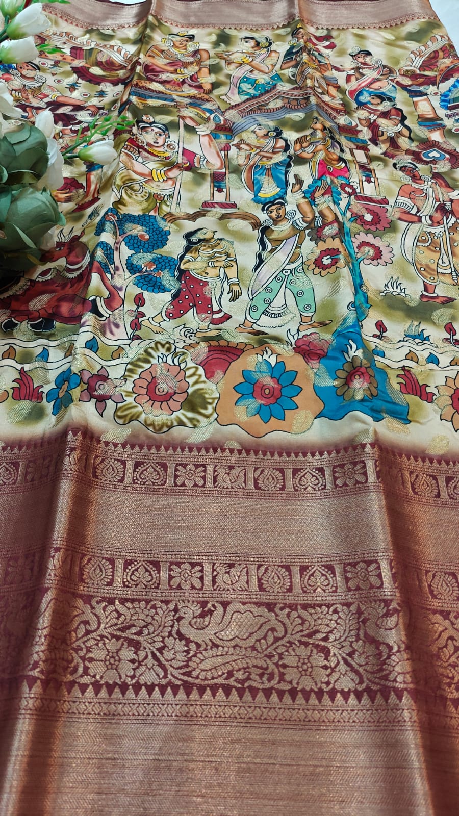 Beige & Maroon Kanchi Border With All Over Body Kalamkari Printed Banarasi Saree