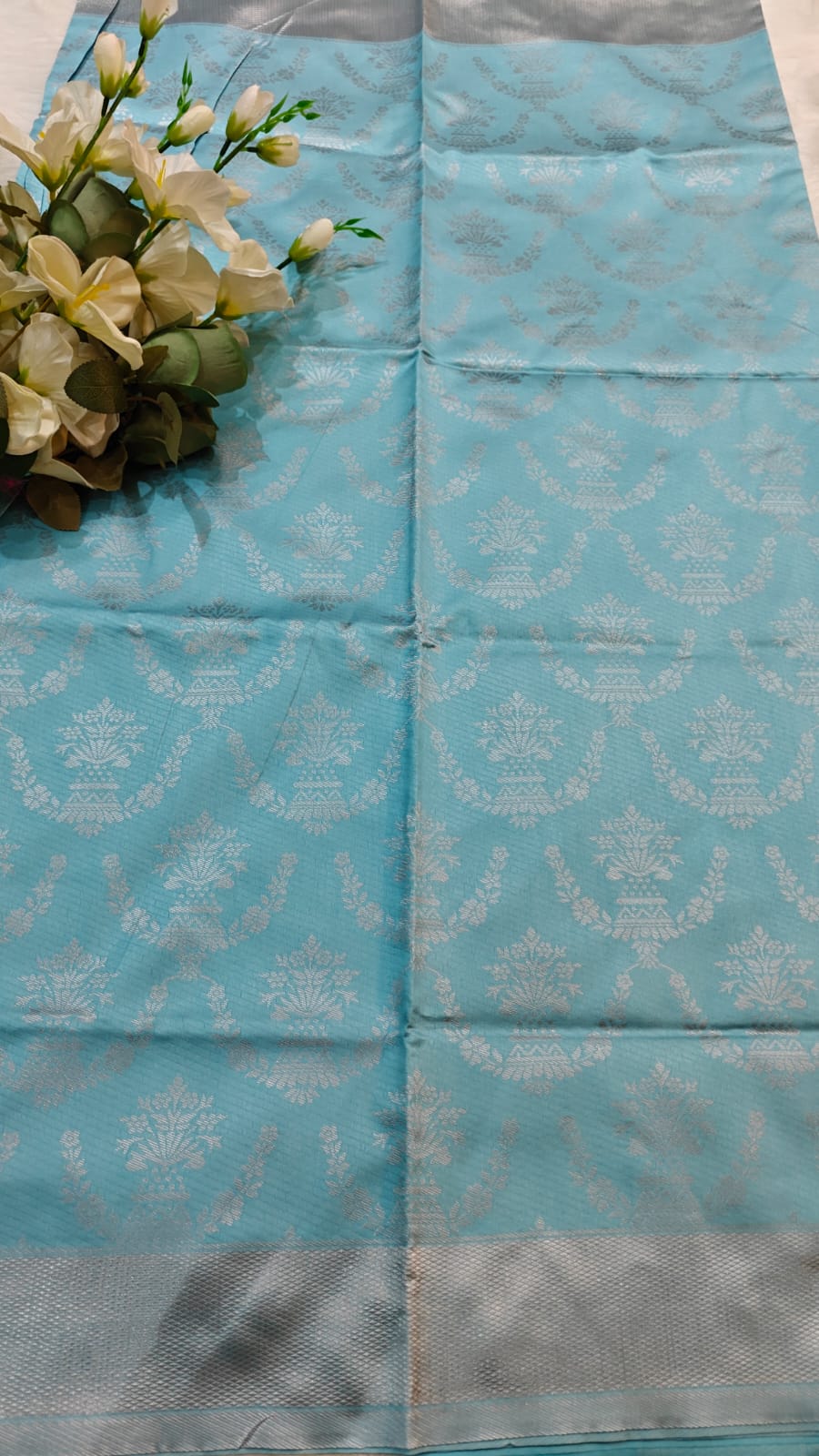 Soft Lichi Semi Silk Saree Pastel Blue with Silver Zari Woven Design