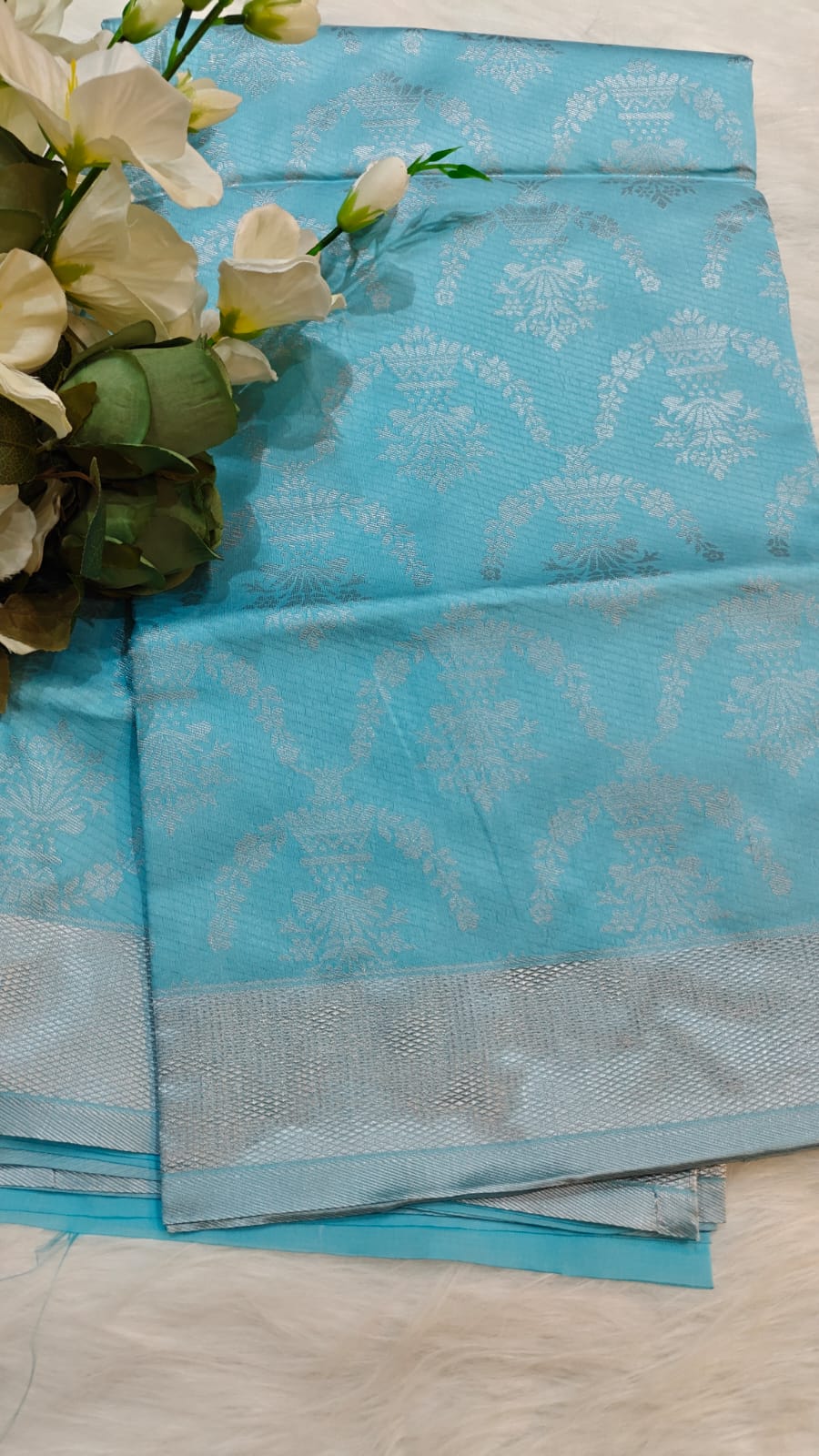 Soft Lichi Semi Silk Saree Pastel Blue with Silver Zari Woven Design