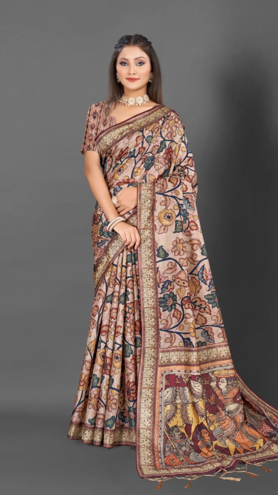 Semi Tussar silk With kalamkari Digital Printed Saree