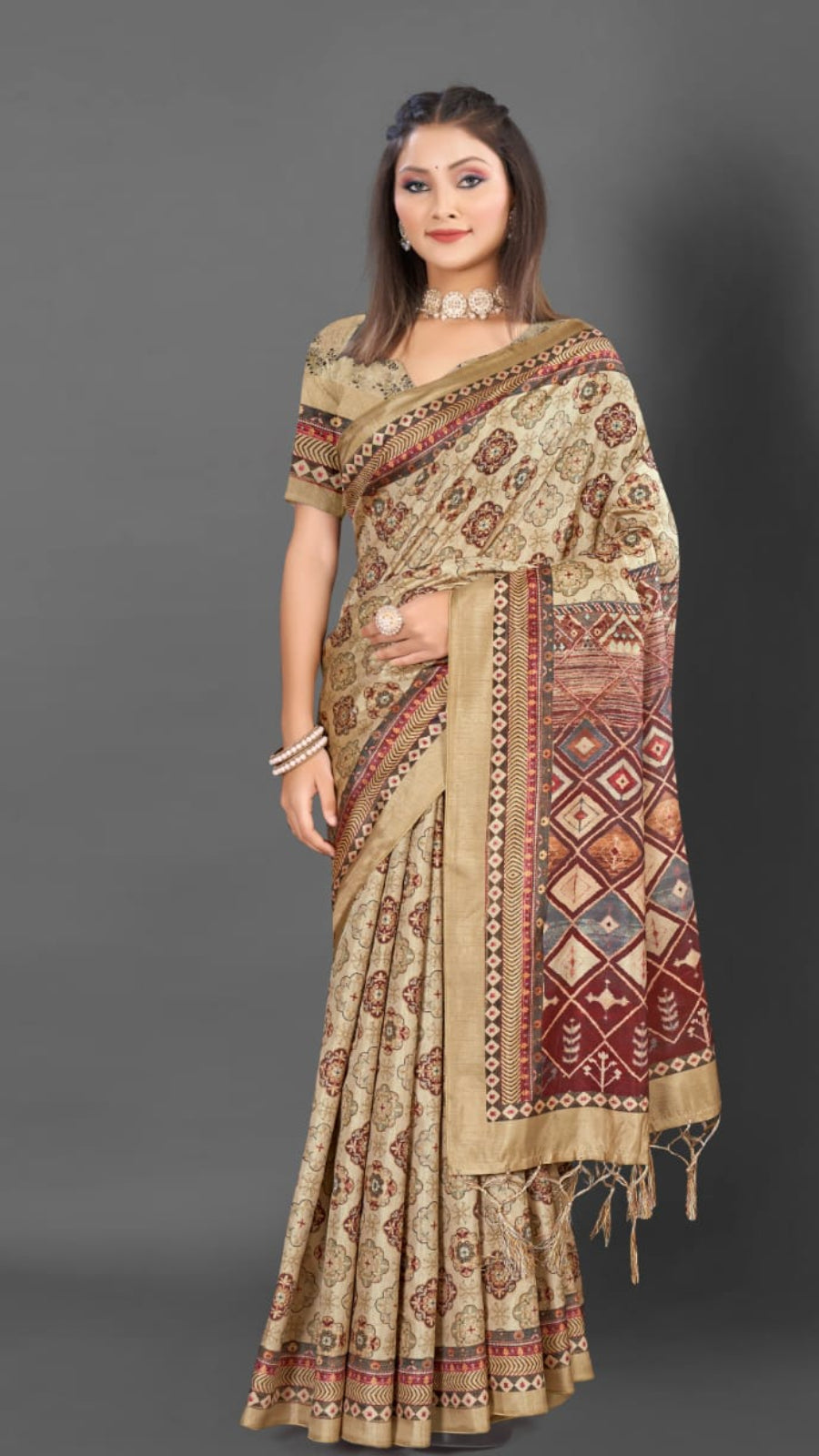 Beige - Semi Tussar silk With kalamkari Digital Printed Saree