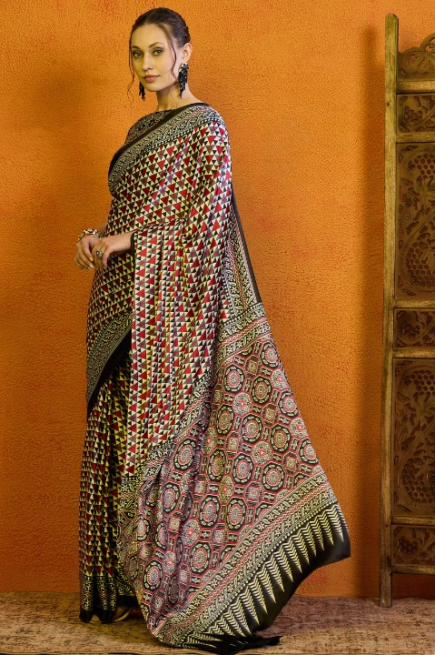 Tricolour Semi Modal Satin Silk With Geomentrical Pattern