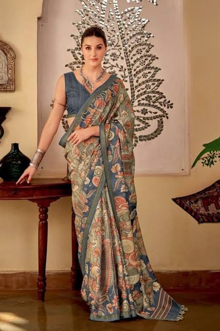 Wisp Grey Kia Silk Saree With Kalamkari Digital Printed