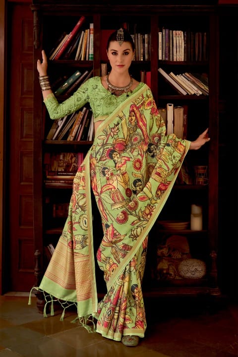 Neon Green Saree Madhubhani  Printed In Kia Silk