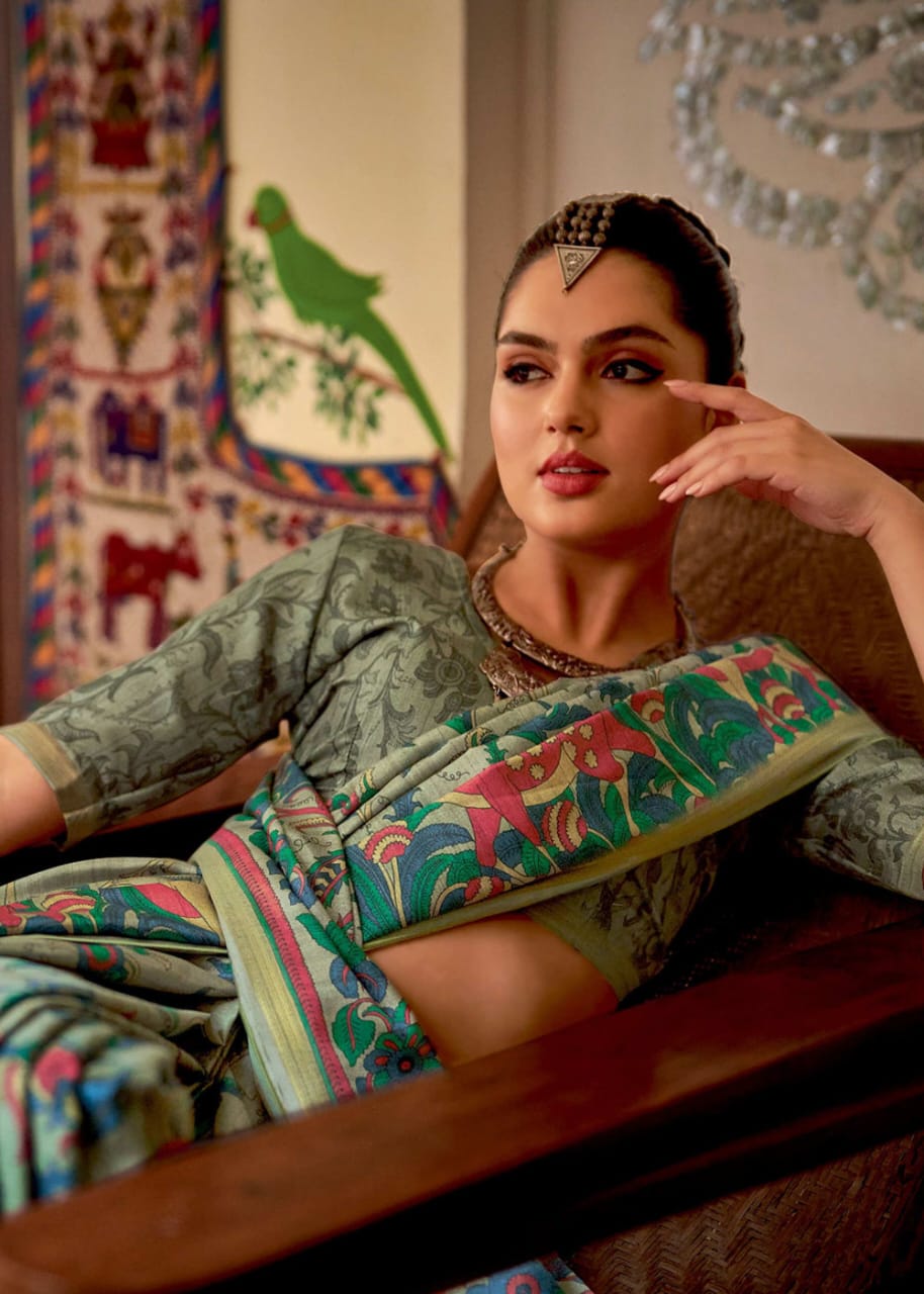 Aqua Green Saree With Kalamkari Print In Kia Silk