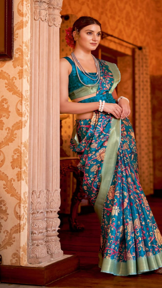 Blue - Hindu Heritage Pichwai Digital Printing In Manipuri Semi Silk