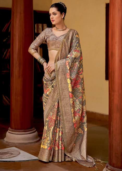 Rose Grey Kia Silk Saree With Kalamkari Print