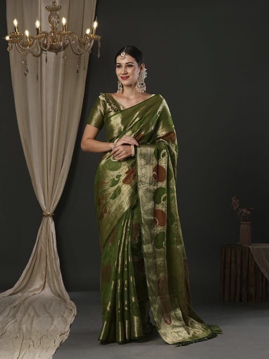 Mehendhi Green Semi Organza With Elegant Rangkart Pattern Circle And Zari Detailing
