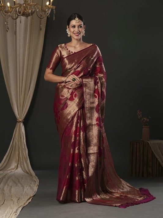 Wine Semi Organza Saree With Elegant Rangkart Pattern Circle And Zari Detailing