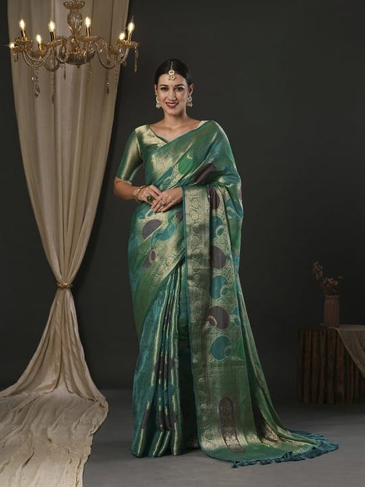 Peacock Green Semi Organza With Elegant Rangkart Pattern Circle And Zari Detailing