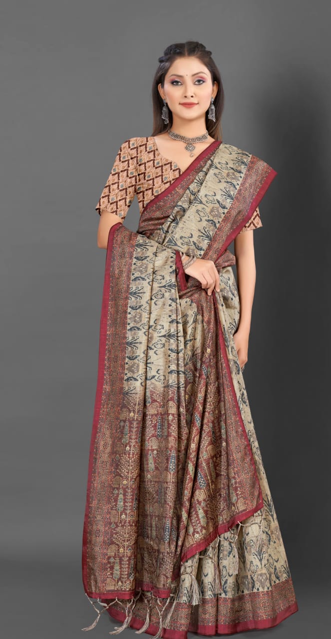 Semi Tussar silk With kalamkari Digital Printed Saree