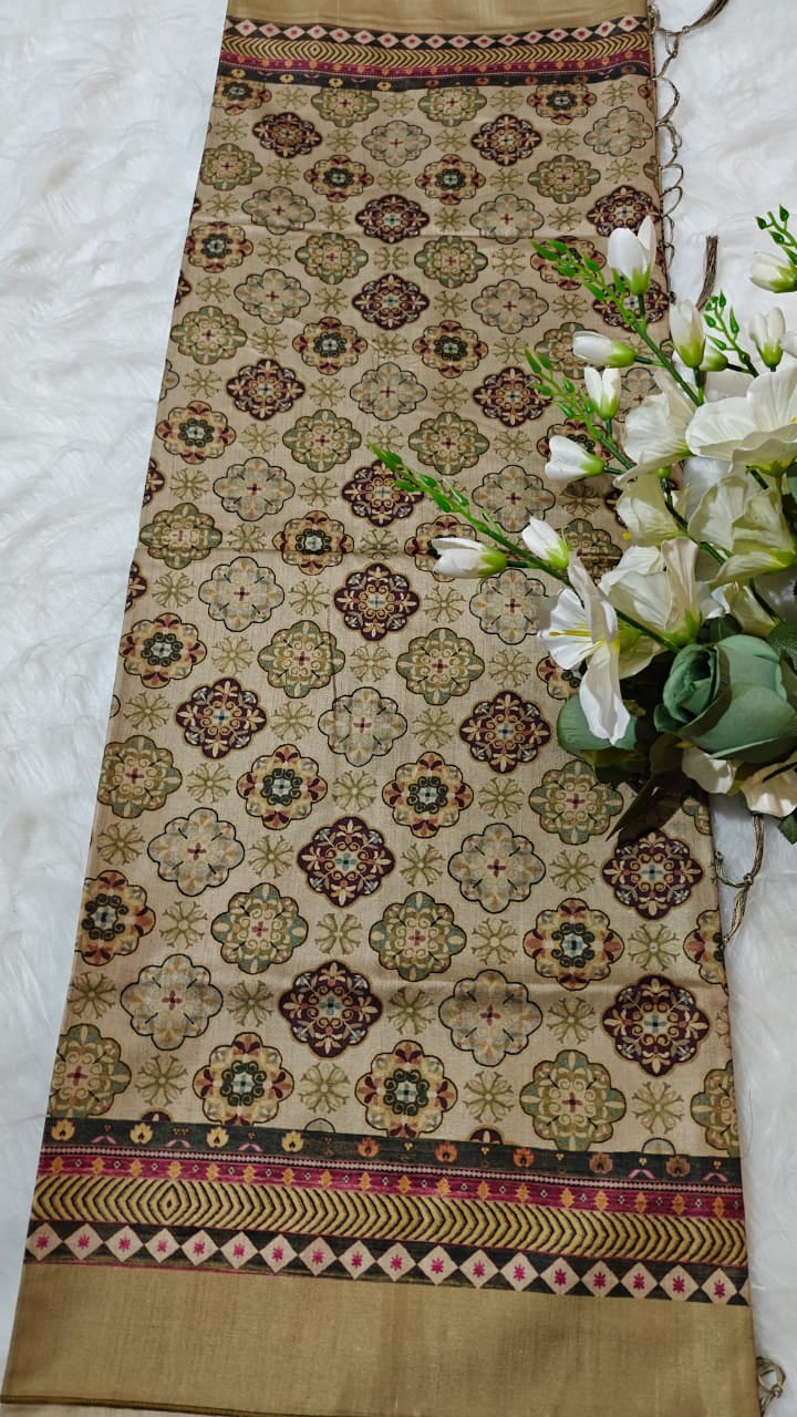 Beige - Semi Tussar silk With kalamkari Digital Printed Saree