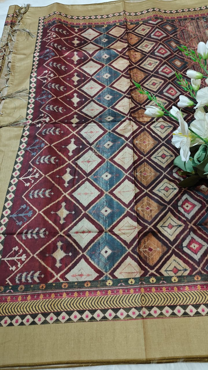 Beige - Semi Tussar silk With kalamkari Digital Printed Saree