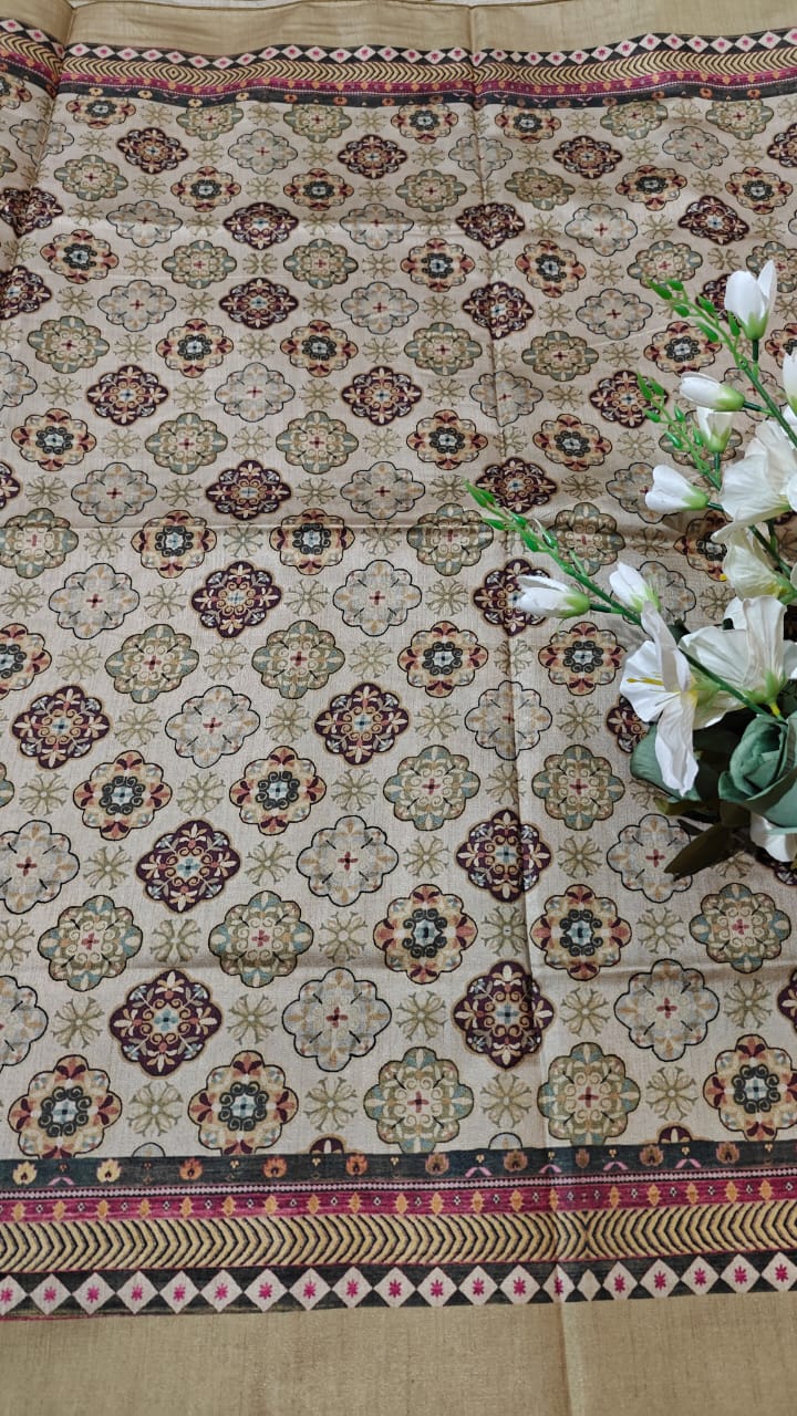 Beige - Semi Tussar silk With kalamkari Digital Printed Saree