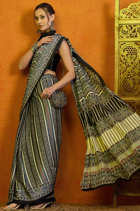 Tricolour Semi Modal Satin Silk With Ajrak Digital Printed