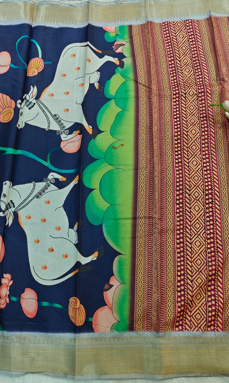 Berry Blue - Hindu Heritage Pichwai Digital Printing In Manipuri Semi Silk