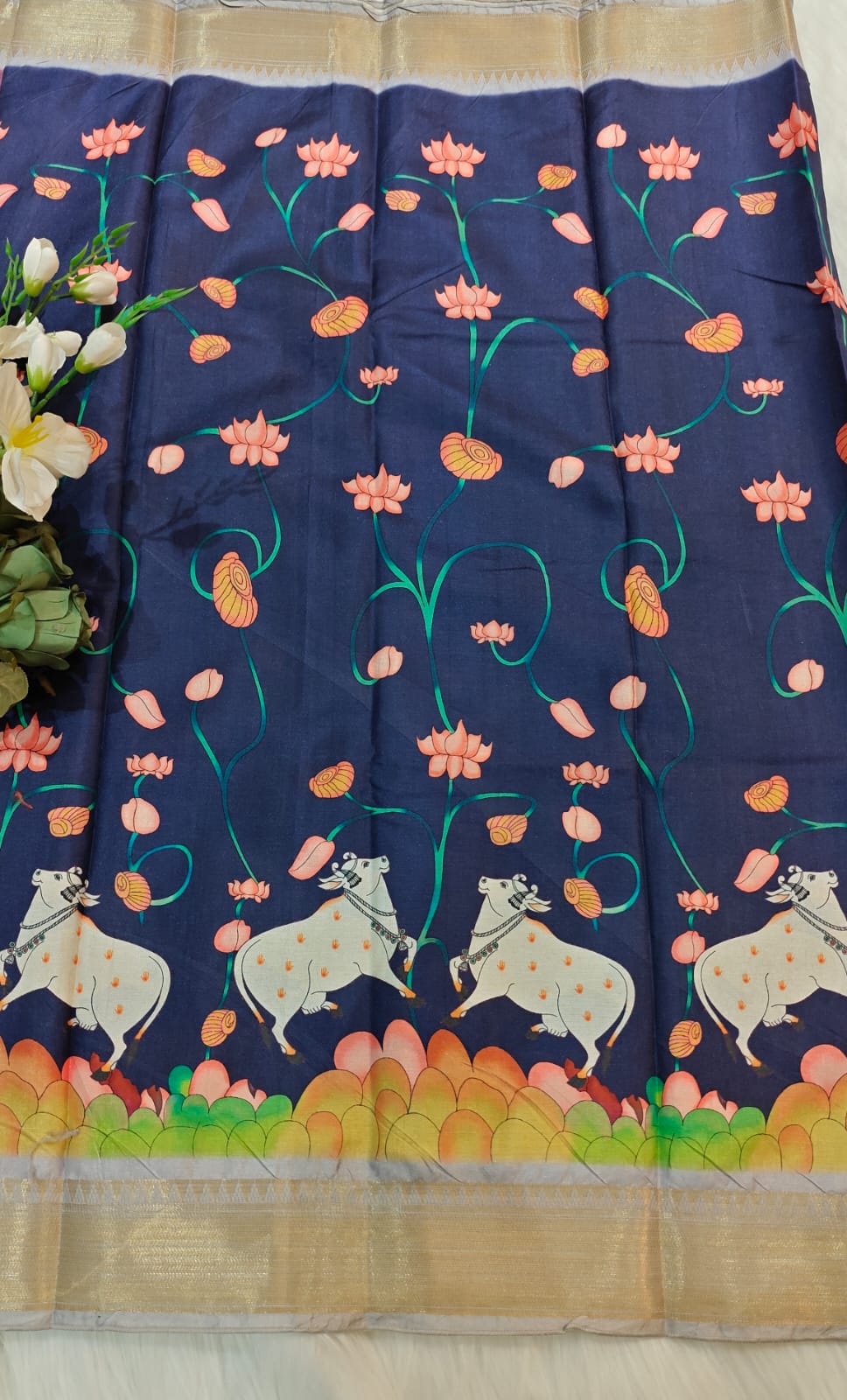 Berry Blue - Hindu Heritage Pichwai Digital Printing In Manipuri Semi Silk