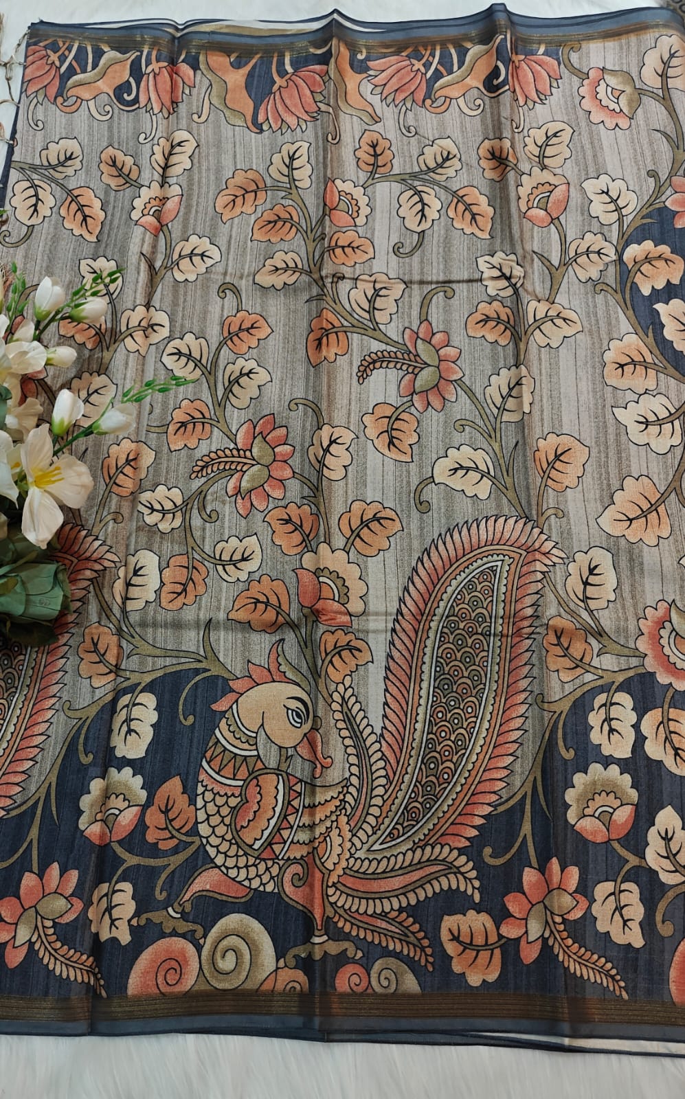 Wisp Grey Kia Silk Saree With Kalamkari Digital Printed