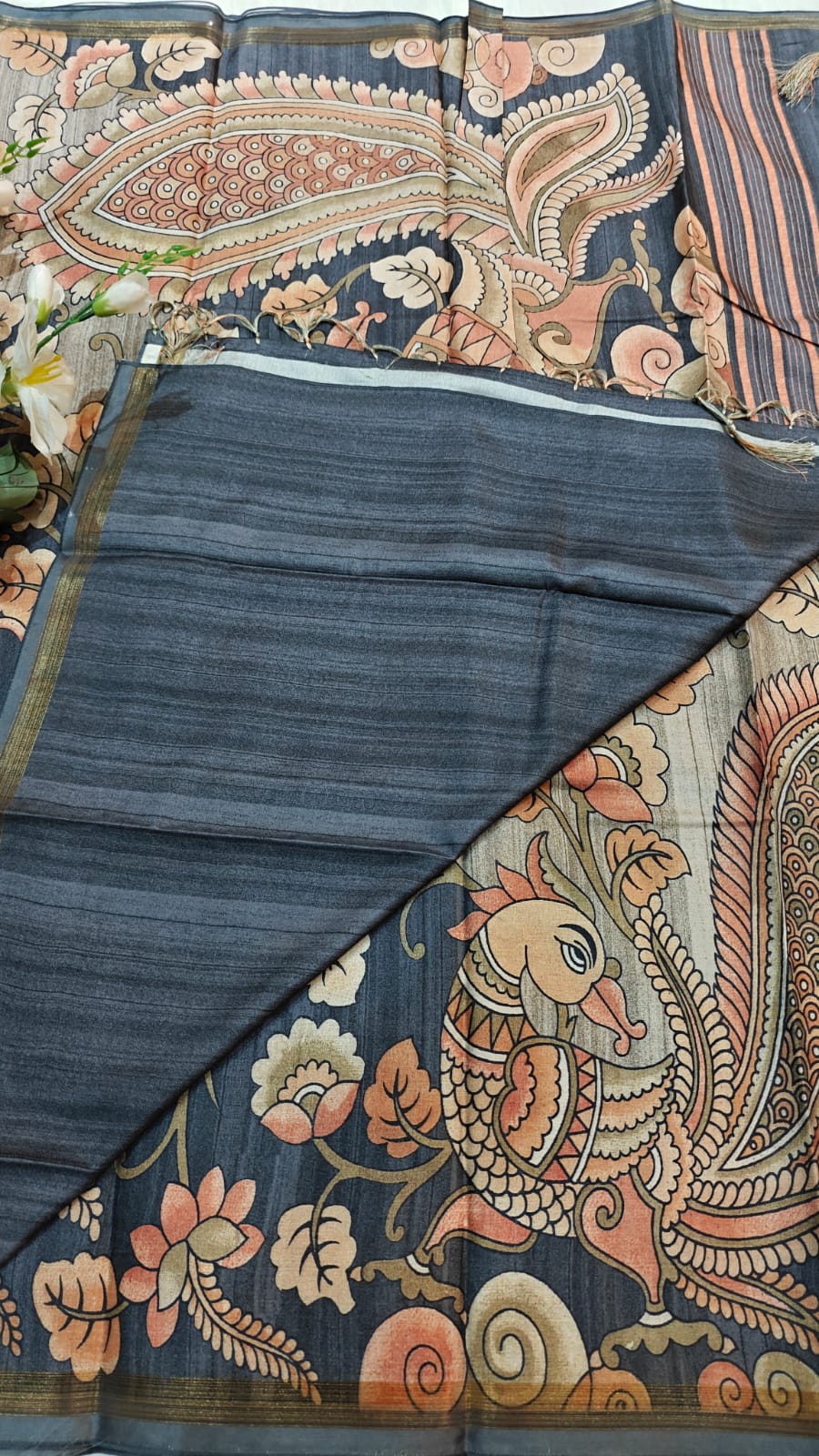 Wisp Grey Kia Silk Saree With Kalamkari Digital Printed
