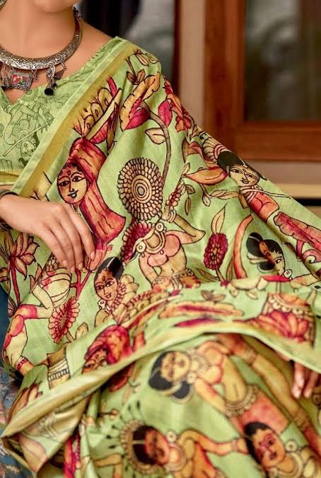 Neon Green Saree Madhubhani  Printed In Kia Silk