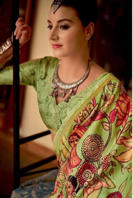 Neon Green Saree Madhubhani  Printed In Kia Silk