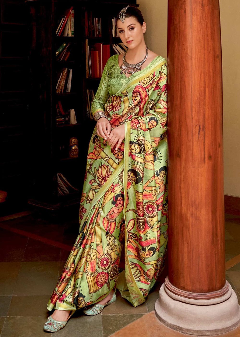 Neon Green Saree Madhubhani  Printed In Kia Silk
