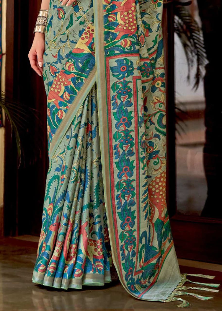 Aqua Green Saree With Kalamkari Print In Kia Silk